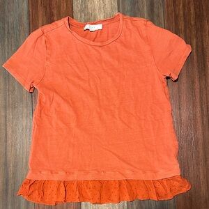 LOFT Orange Ruffle Hem Tee – Size S, Short Sleeve, Casual Cotton Blend‎ Top